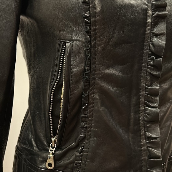 ❌Kenna-t Black Soft Leather Bomber Biker Moto Jacket Ruffle Leopard Lining Small - Picture 4 of 14